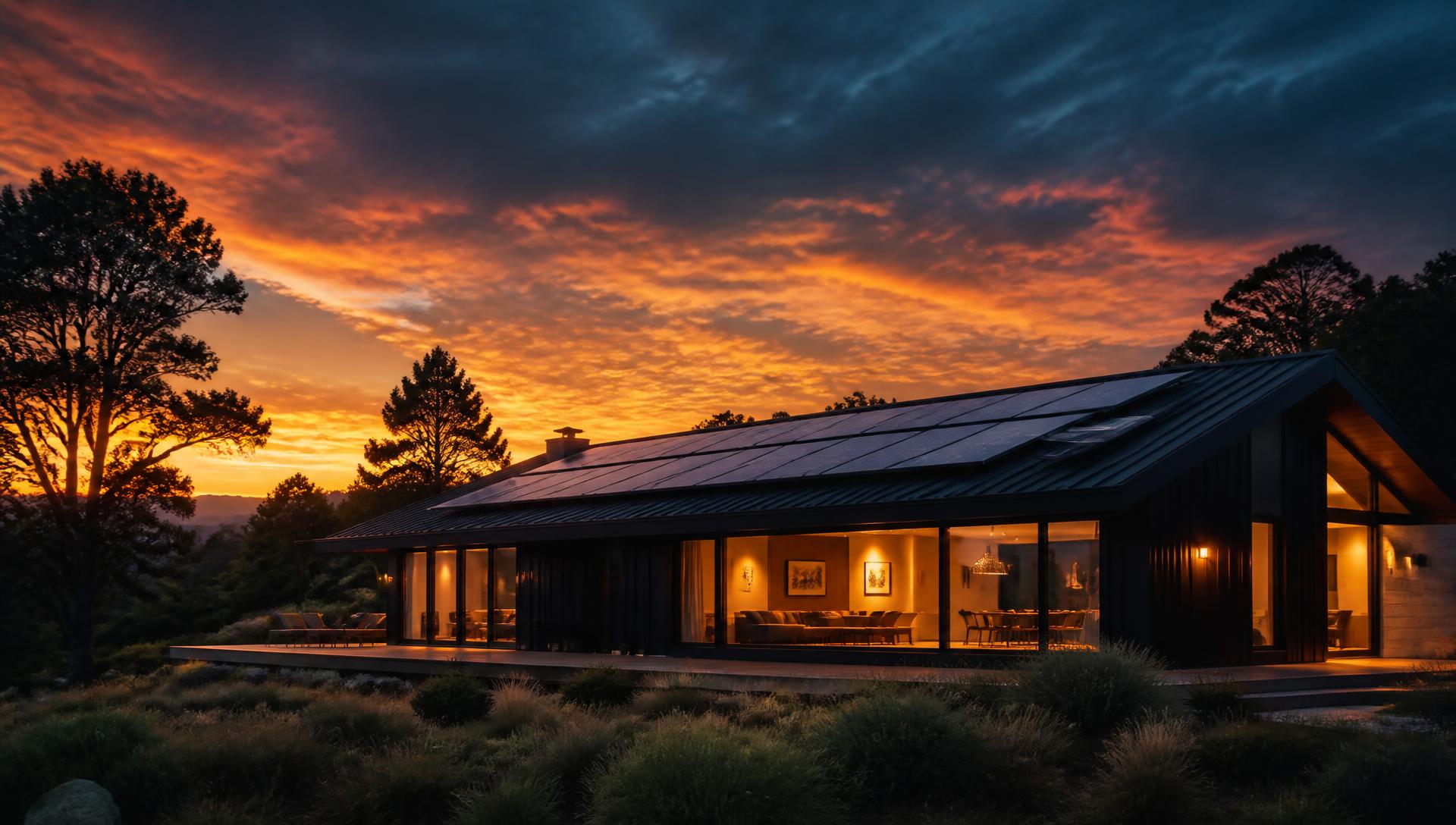 Casa contemporânea com painéis solares ao pôr do sol