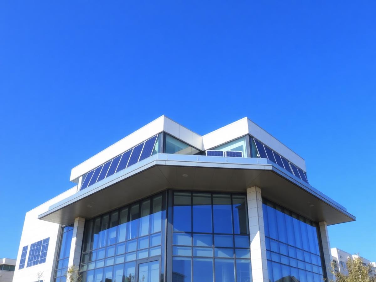Edifício comercial moderno com painéis solares na cobertura