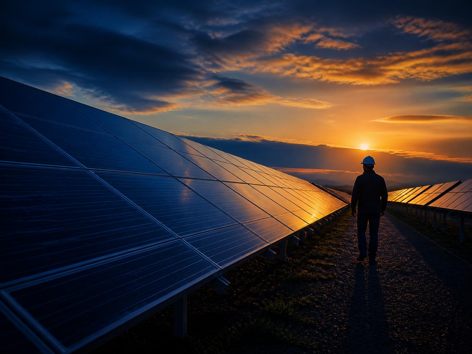 Usina de painéis solares ao entardecer