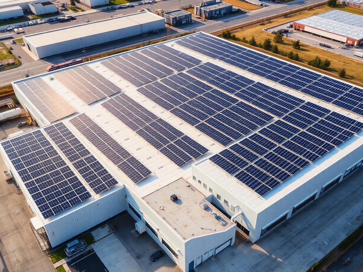Estrutura industrial com grande usina de painéis solares no telhado