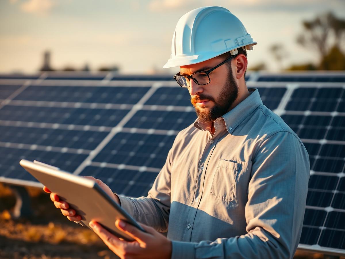 Profissional analisando um projeto de energia solar em campo