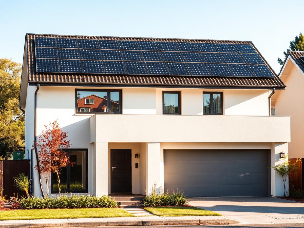 Casa moderna com painéis solares instalados no telhado
